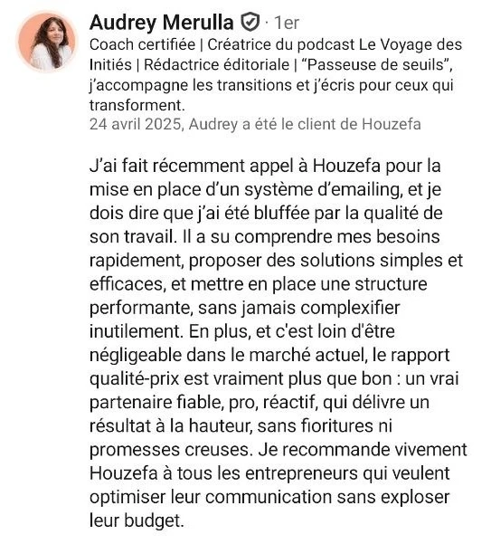 Avis LinkedIn d'Audrey Merulla à propos de Houzefa