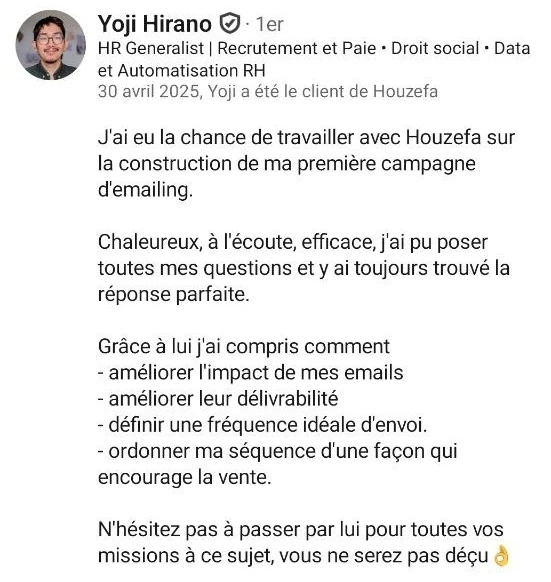 Avis LinkedIn de Yoji Hirano à propos de Houzefa